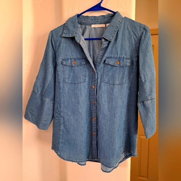 Notions Blue Chambray Denim Button-Up Shirt Adjustable Sleeve Tabs Sz Med. NWOT - Picture 8 of 10